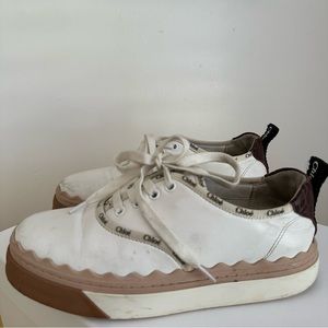 CHLOE Lauren Sneaker: White Leather with Nude Scallop Trim, Merlot Croc Accent